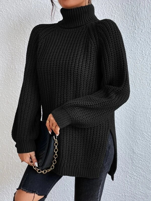 Black long sleeve turtleneck sweater with ribbed surface