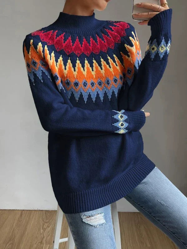 Blue printed long sleeve sweater with round neck