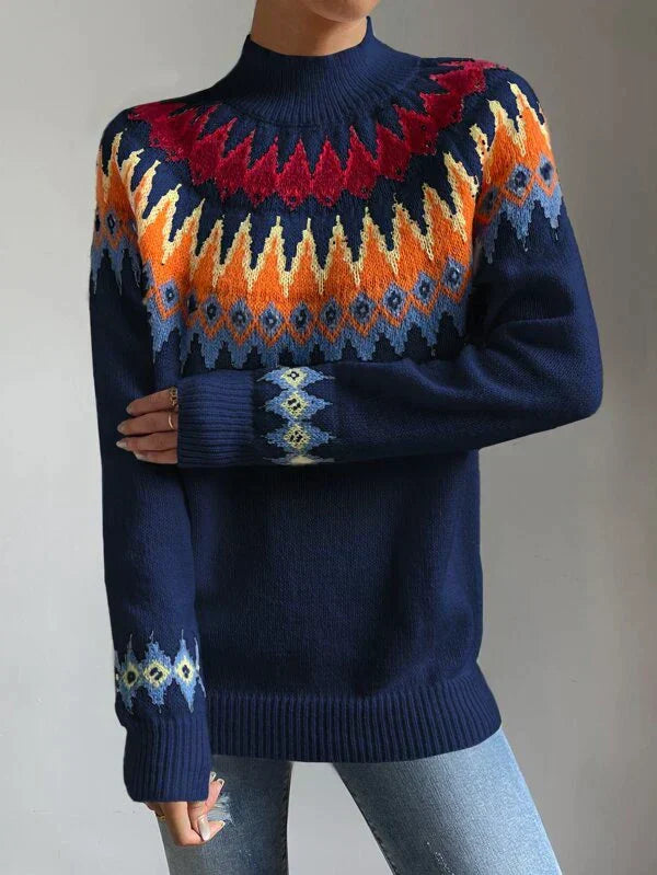 Blue printed long sleeve sweater with round neck