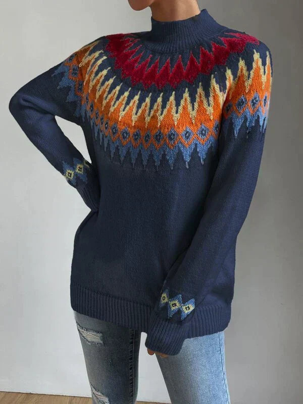 Blue printed long sleeve sweater with round neck