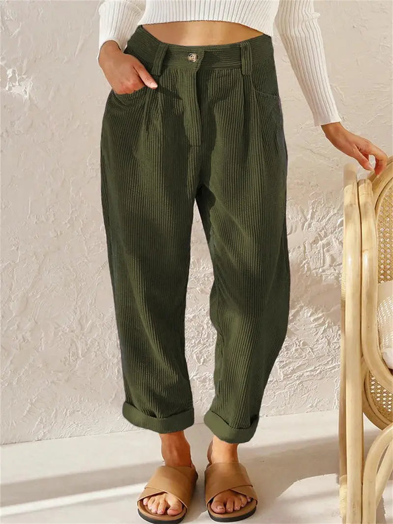 Green Corduroy Pintuck Casual Culotte