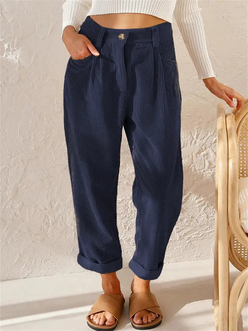 Navy Blue Cord Pintuck Culotte Casual Pants