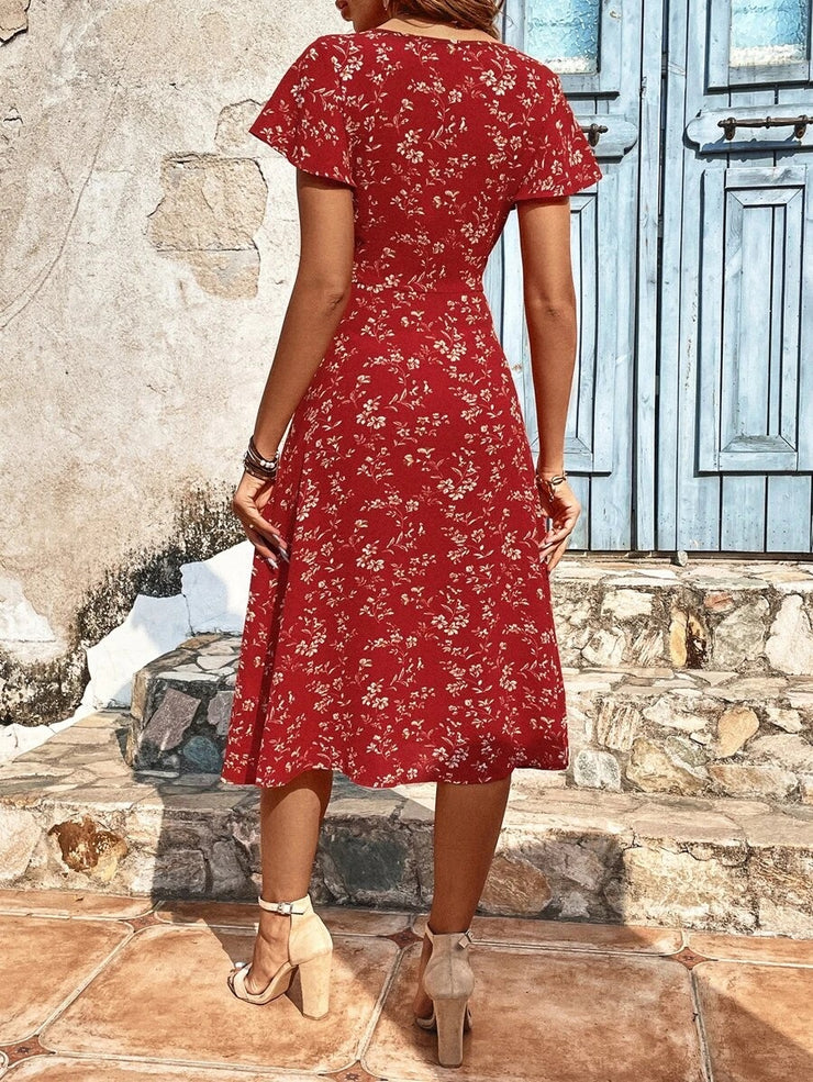 Elegant red print midi dress with square neckline