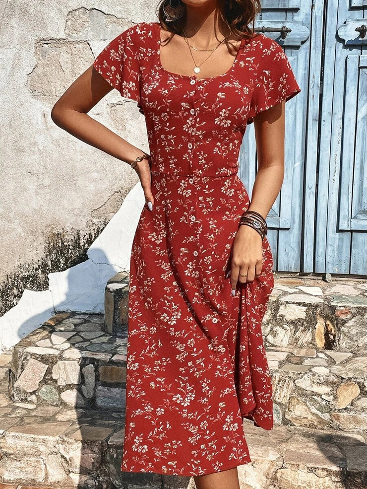 Elegant red print midi dress with square neckline