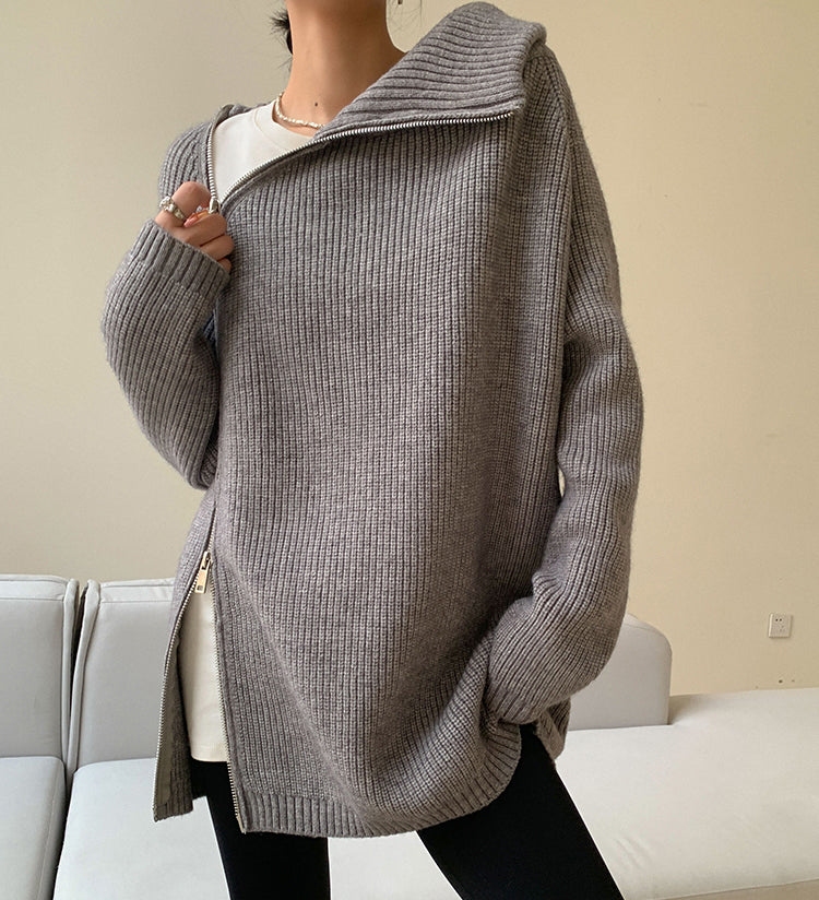 Grey solid color sweater with high neckline