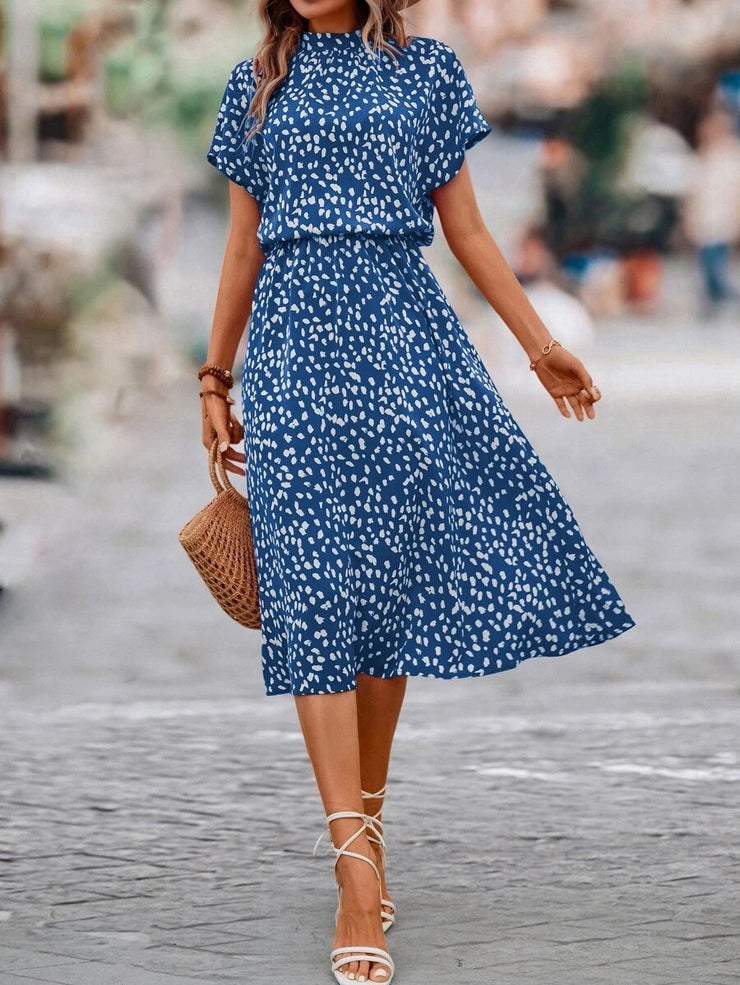 Blue printed midi dress with round neck