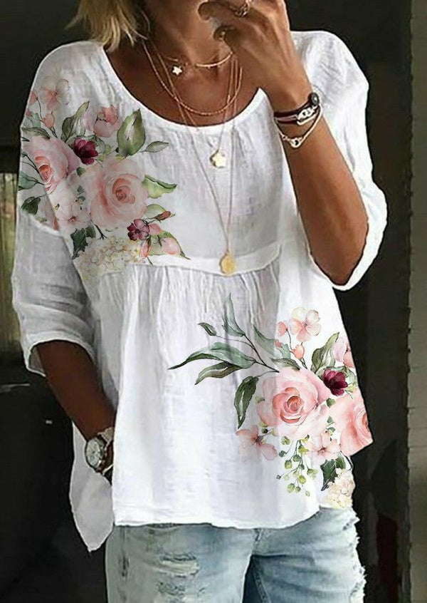 Pink Green Floral Print White Tunic Top