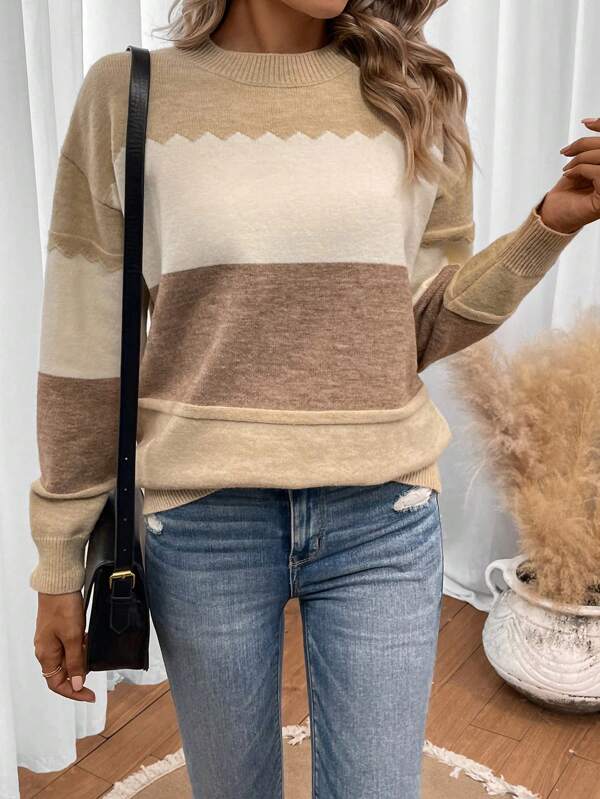 Retro Khaki Round Neck Sweater