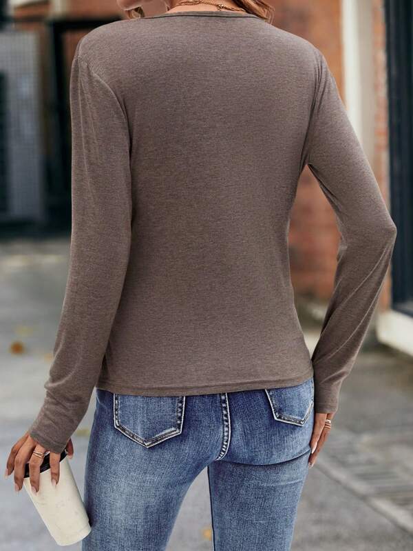 Brown plain long sleeve top with V-neck