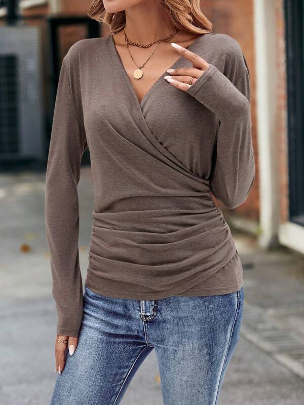 Brown plain long sleeve top with V-neck