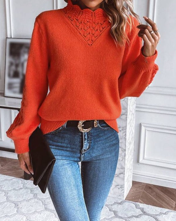 Orange solid color sweater with turtleneck