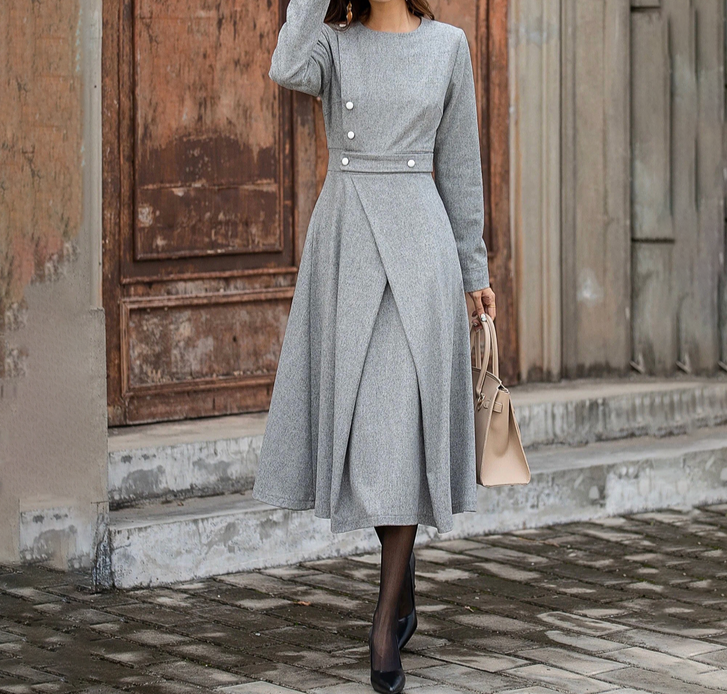 Grey Solid Color Midi Dress with Side Pockets