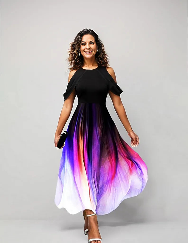 Artful midi dress with draped sleeves and cold shoulders