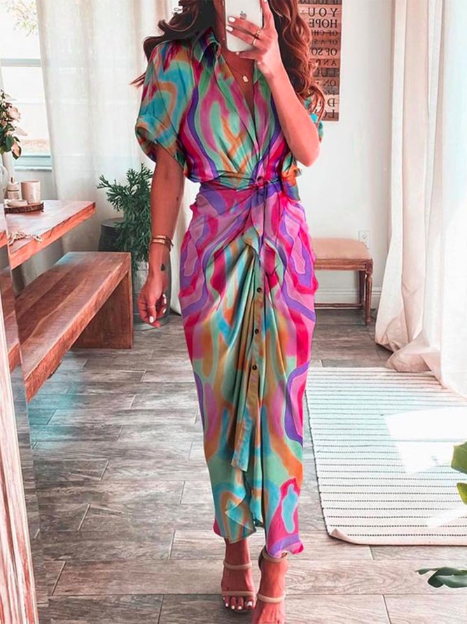 Purple Short Sleeve V Neck Maxi Dress