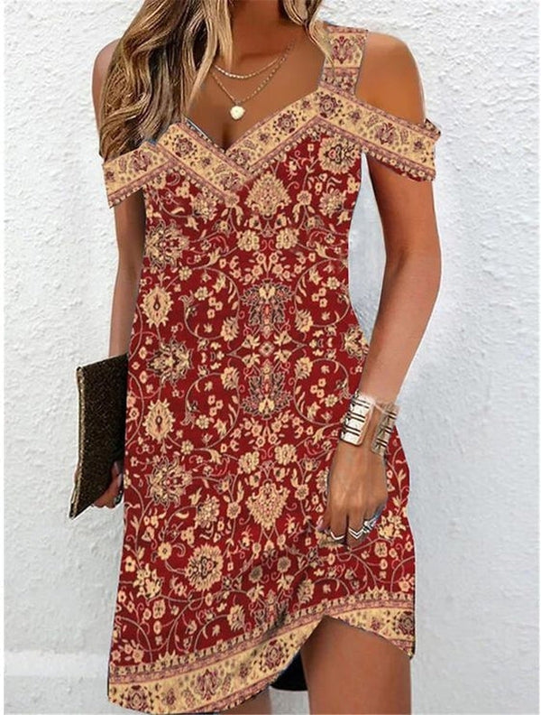 Burgundy Straps Mini Dress with Print