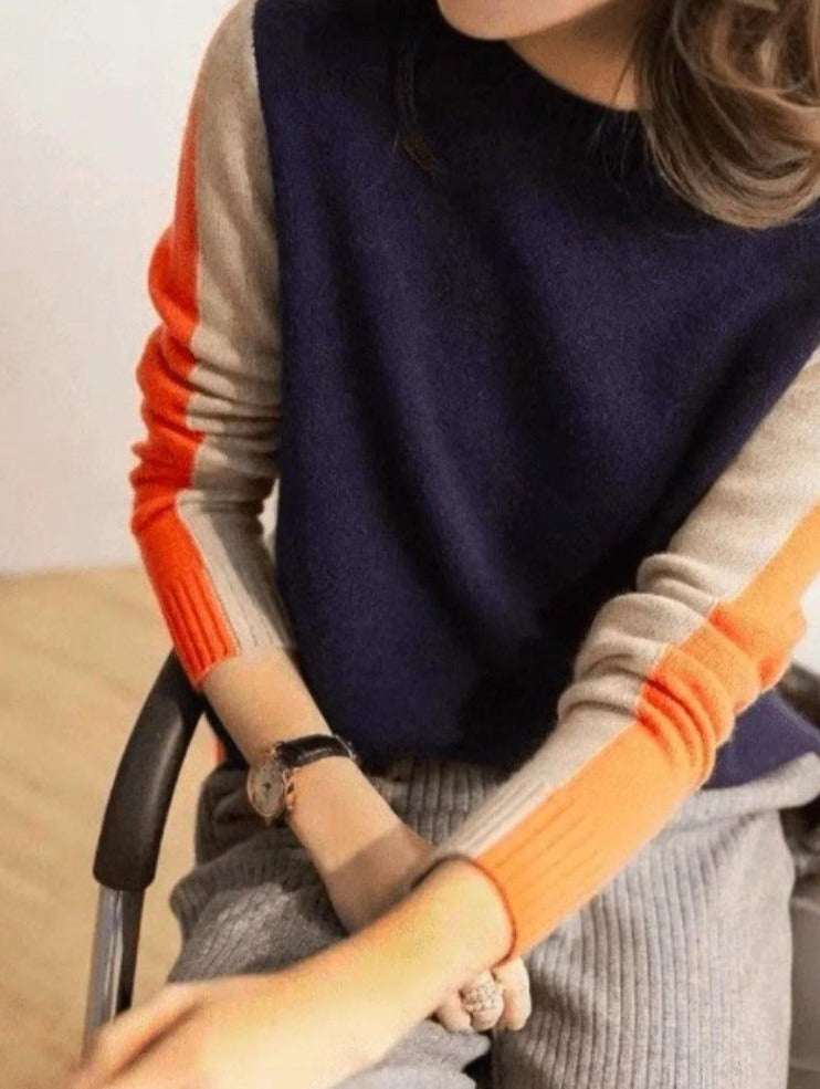 Navy blue and orange sweater with retro stripes