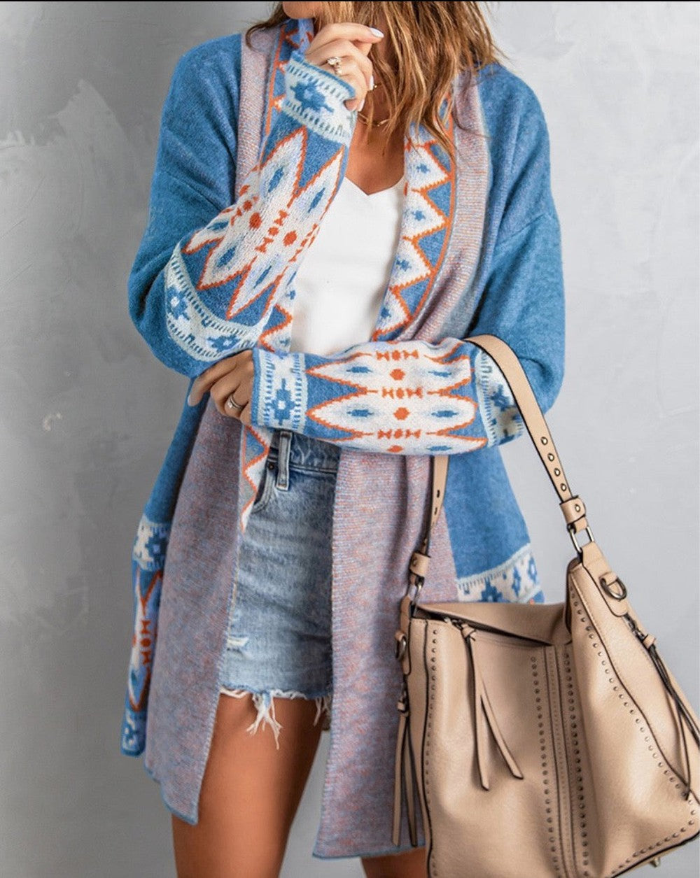 Blue long sleeve cardigan with print