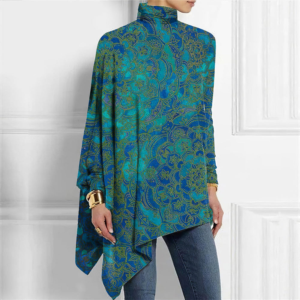 Paisley Green-Blue Ombre Mock Neck Top