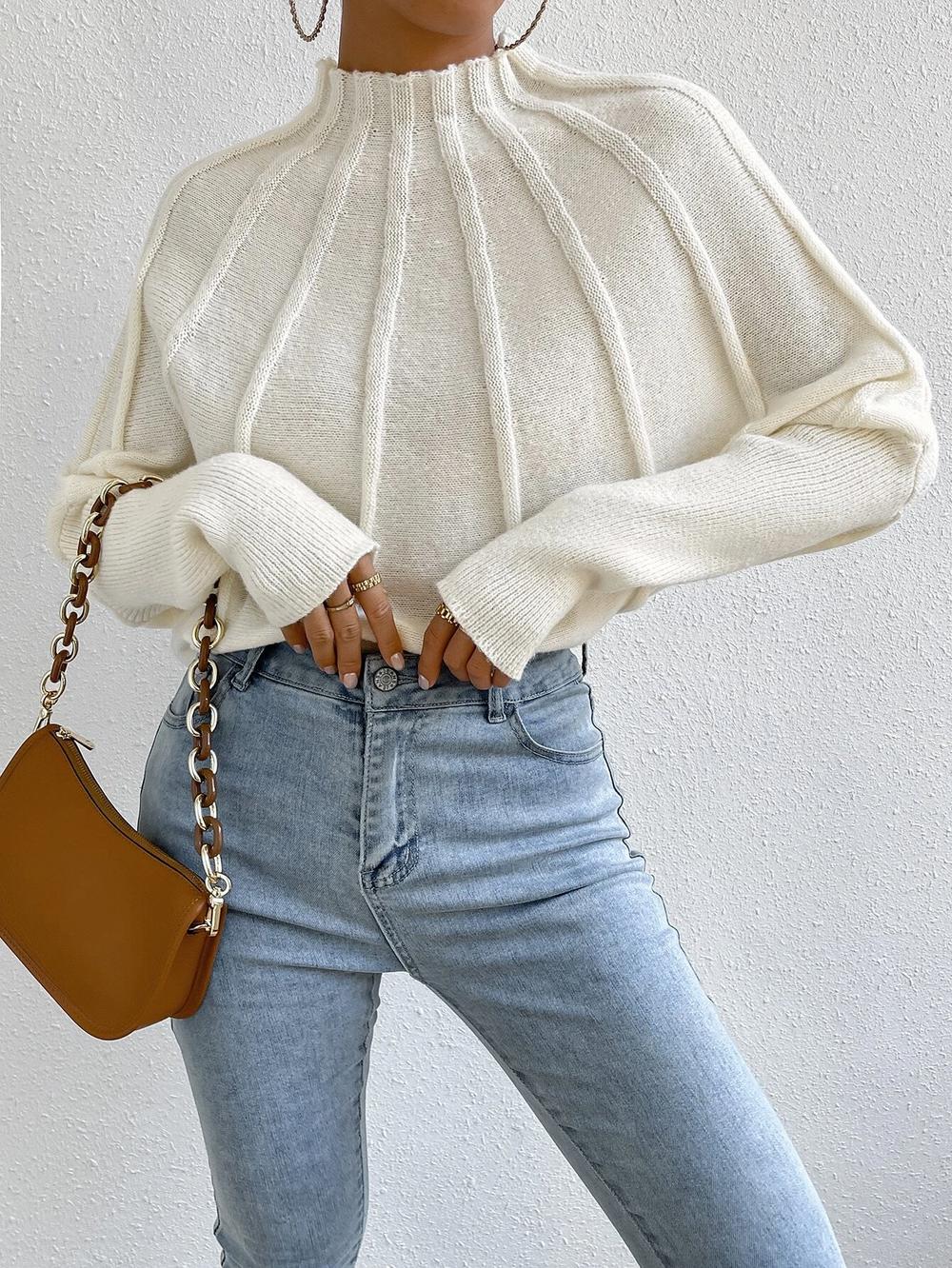 Cream white sweater with reverse seam and Dolman sleeves