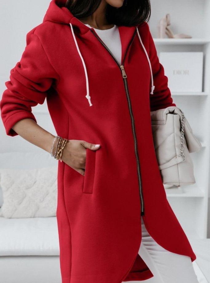 Motor Red Uneven Hem Hooded Sweater with Zipper Cardigan