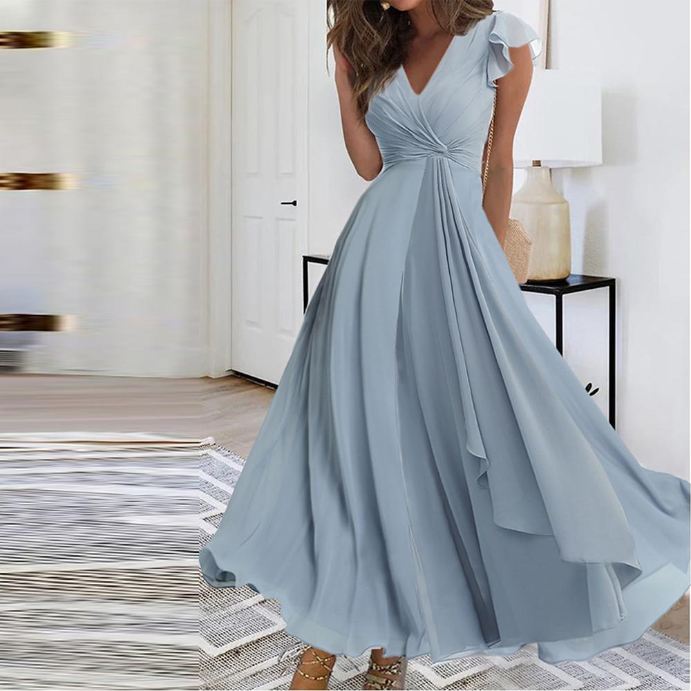 Powder blue maxi dress with V-neck and gathered sleeves