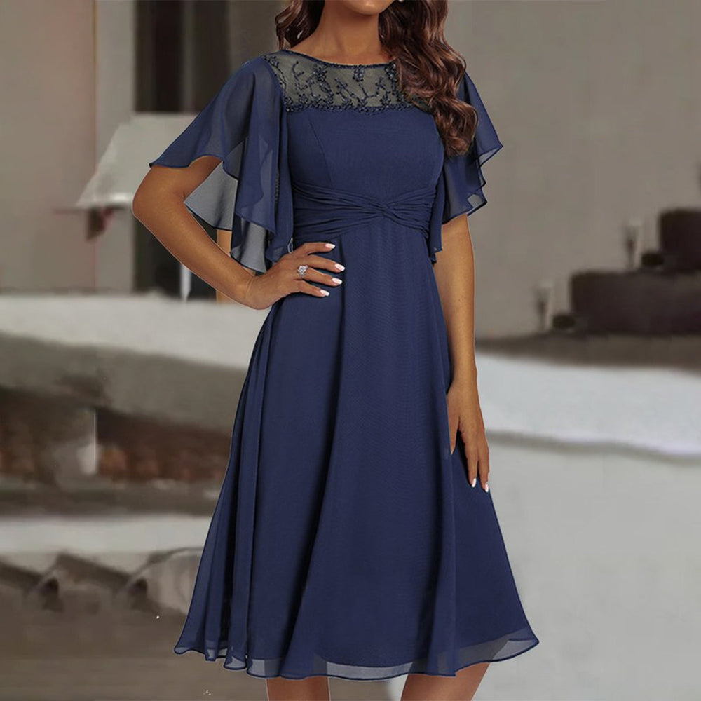 Blue Solid Color Round Neck Midi Dress