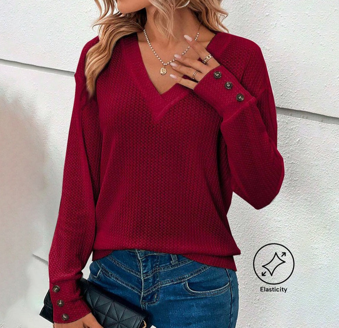 Red Solid Color V-neck Long Sleeve Top