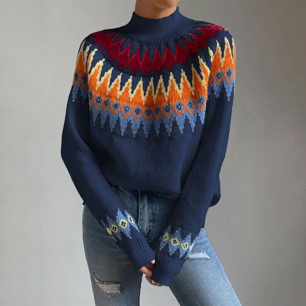 Blue printed long sleeve sweater with round neck