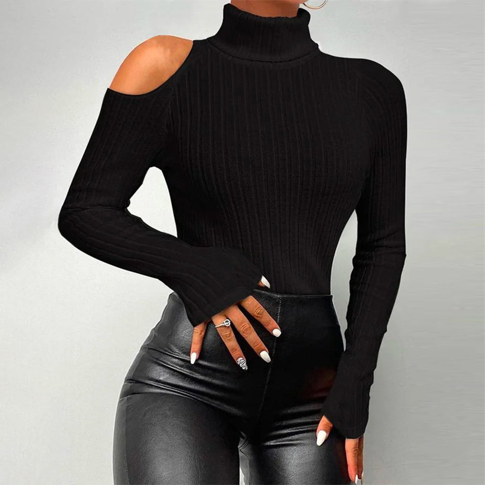 Solid color sweater with high neckline