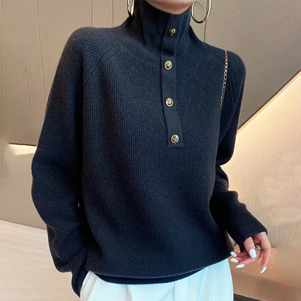 High neck sweater with long sleeves and button placket