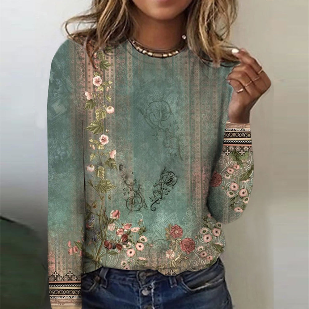 Long sleeve top with green floral print