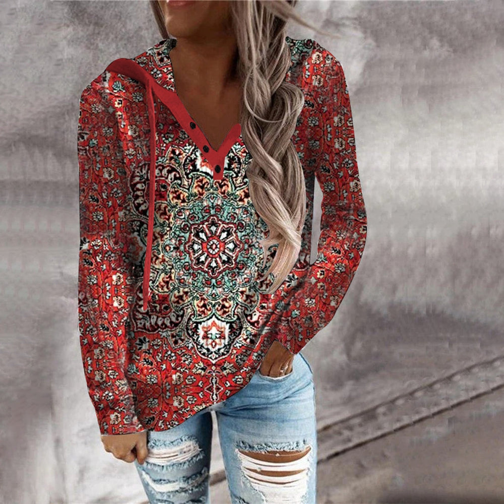 Red Mandala Print Hooded Henley Sweatshirt with Long Sleeves