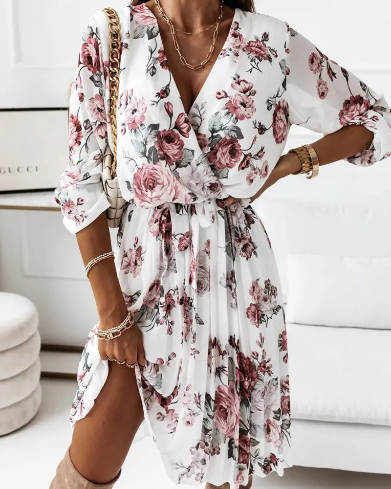 Sophia Blooms floral print chiffon dress with overlap