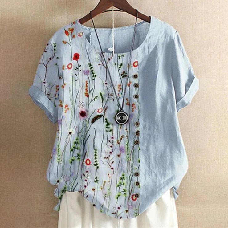 Blue short sleeve top with round neck