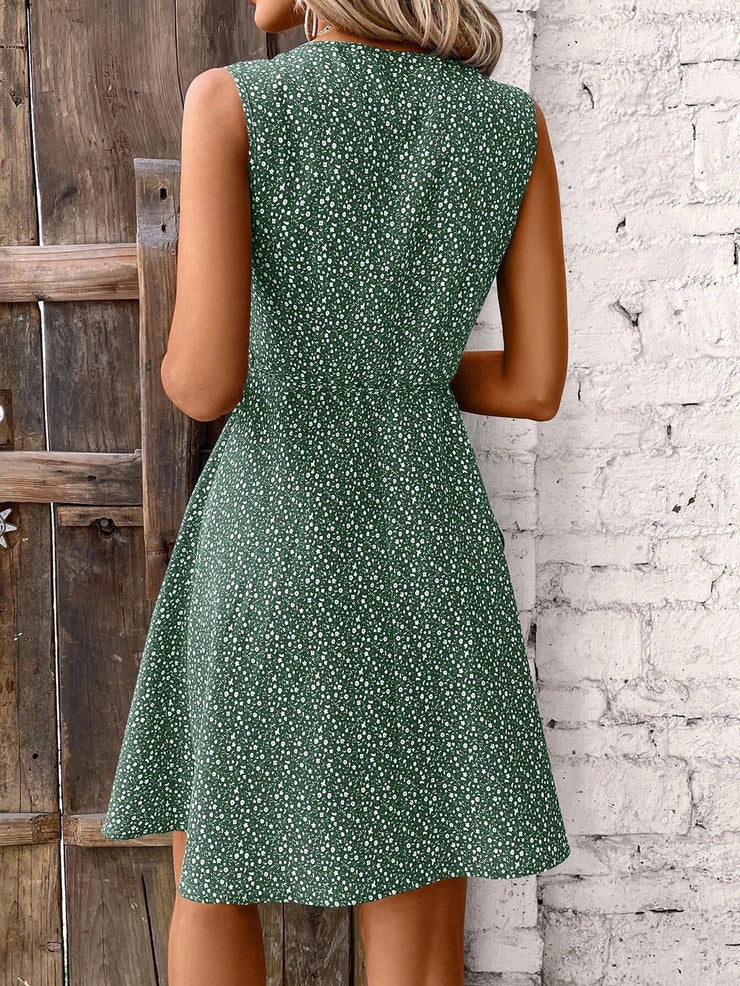 Green printed sleeveless midi dress