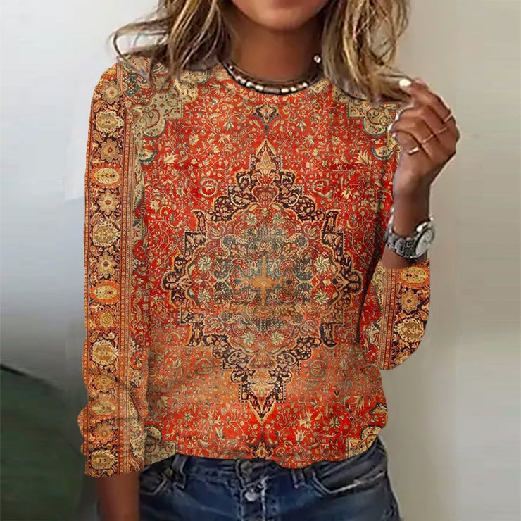 Yellow-Orange Vintage Print Long Sleeve Shirt