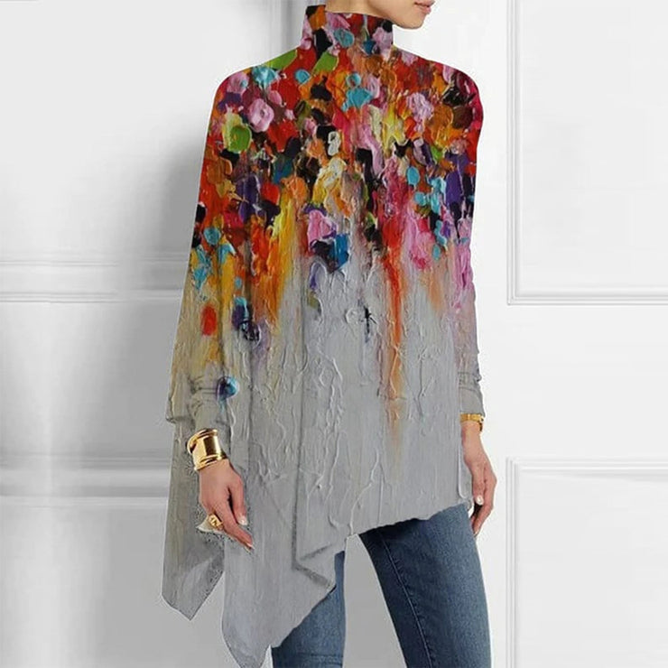 Asymmetrical top with floral watercolor pattern and high neckline