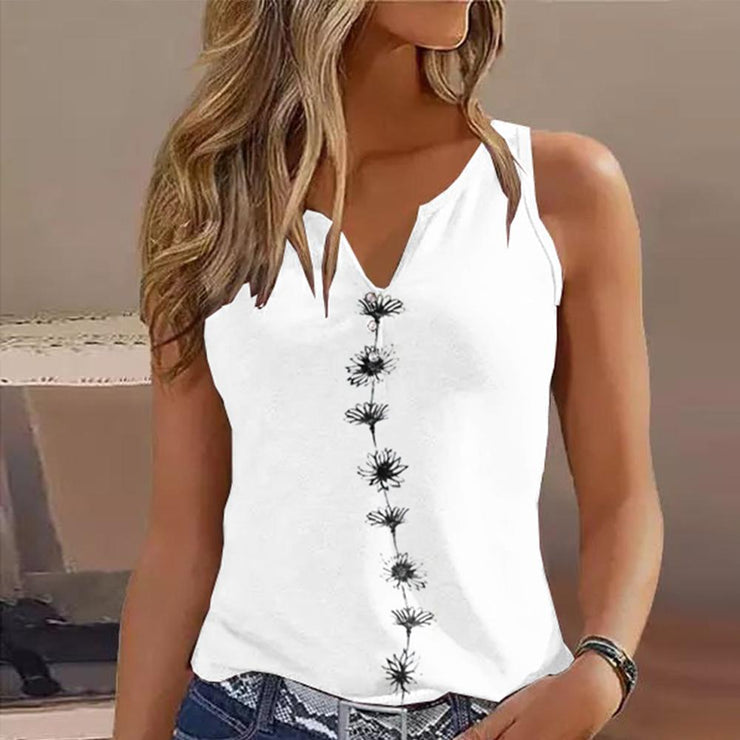 White Daisy sleeveless tank top with notched neckline