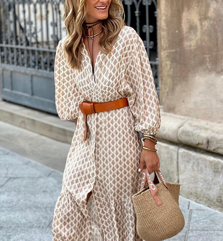 Elegant long sleeve midi dress with print