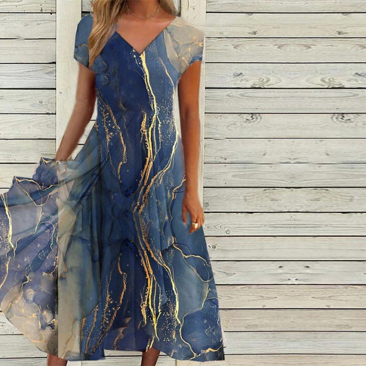 Gold Blue Marbled Sea Wave Midi Dress