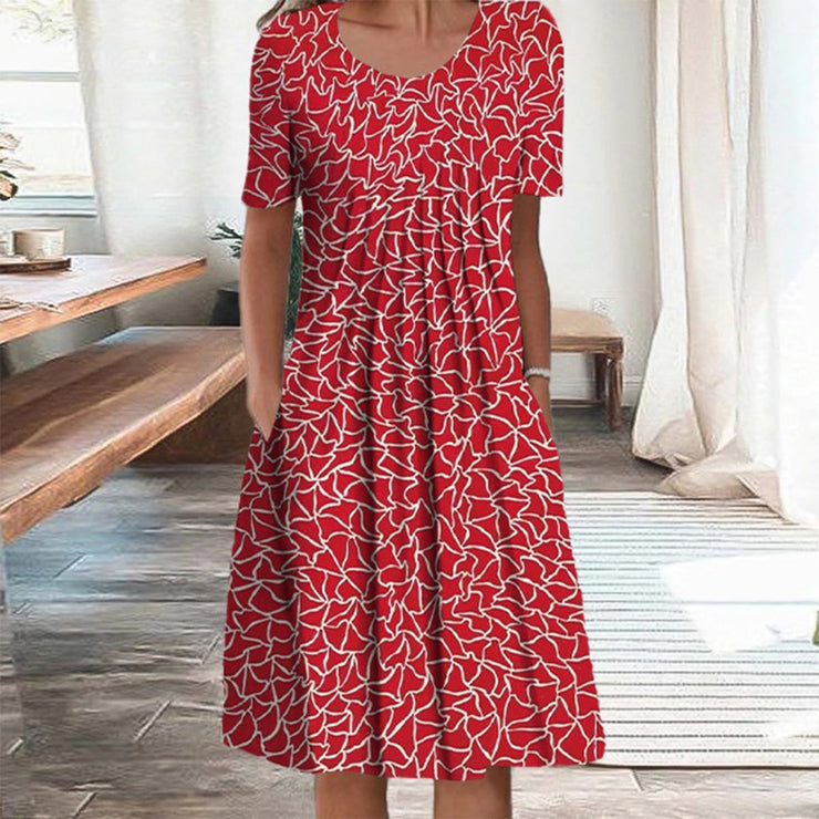 Garnet red and white pleated midi dress with fancy print