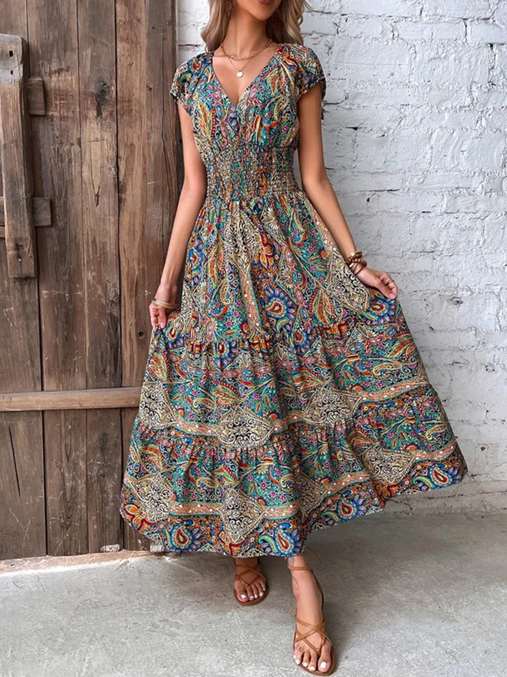 Colorful Paisley Ruffled Waist Long Summer Dress