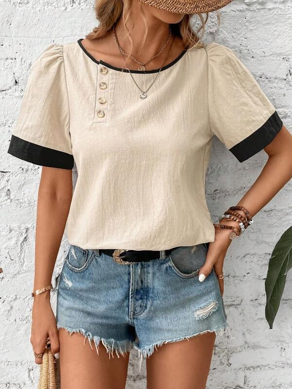 Apricot Short Sleeve Color Block Top