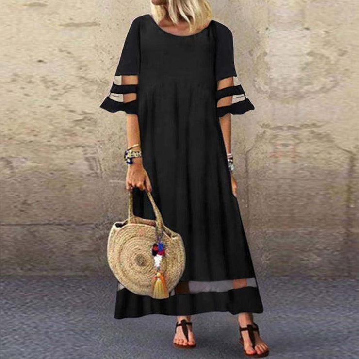 Summer Party Clear Stripes Sleeves Round Neck Maxi Dress