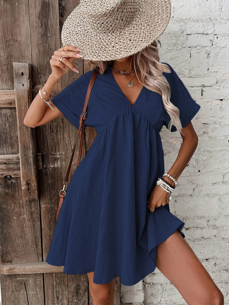 Navy blue monochrome mini dress with short sleeves