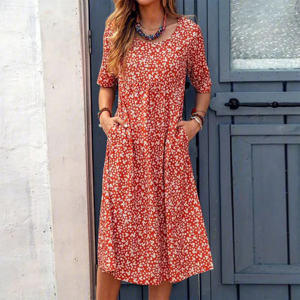 Blossomrush a red midi dress with floral details