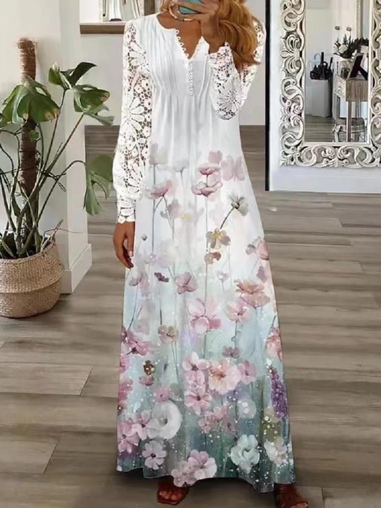 Elegant green floral long dress