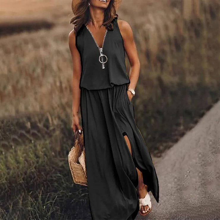 Black sleeveless maxi dress with illusion pleats