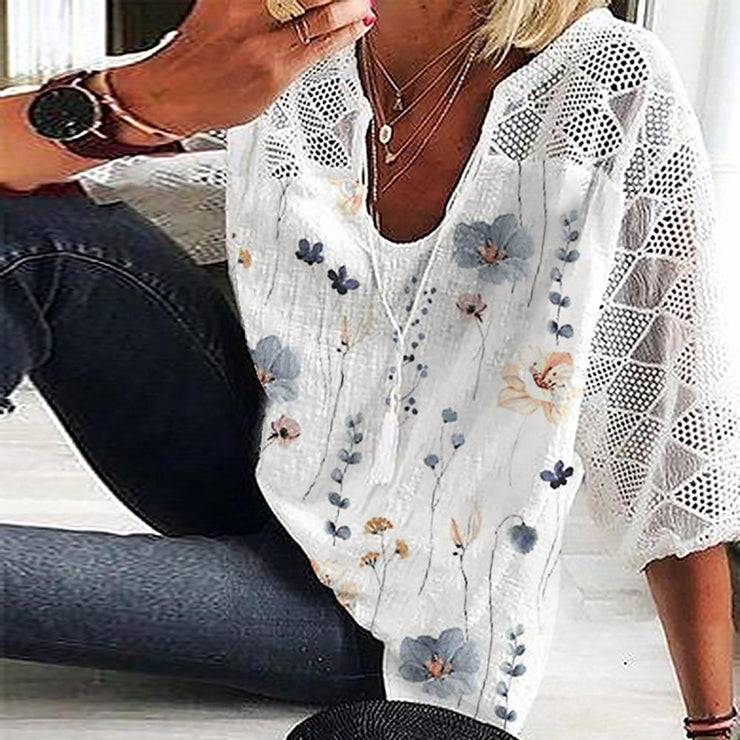 Geo Lace Mesh Floral Print White ? Sleeve Top