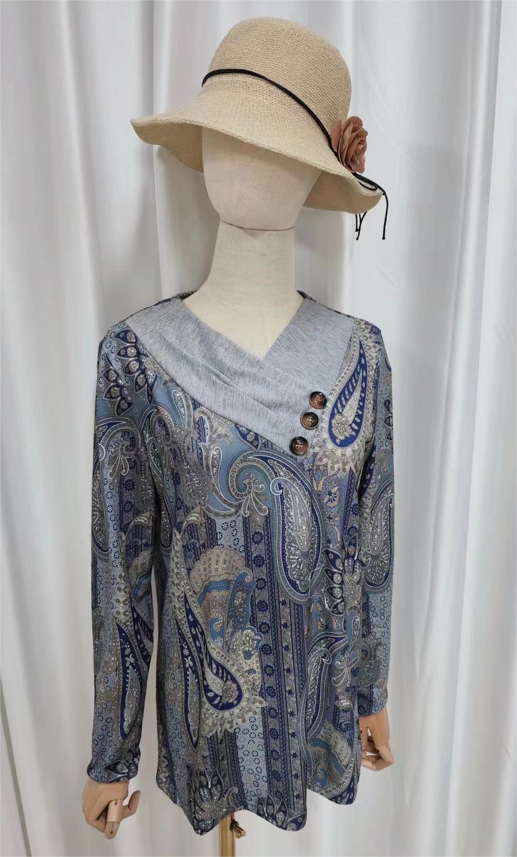 Blue paisley top with grey turn-over collar and long sleeves